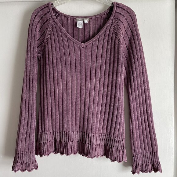 Anthropologie Isabella Bird V Neck Sweater Size M Purple Ribbed Cable Knit - Picture 8 of 10